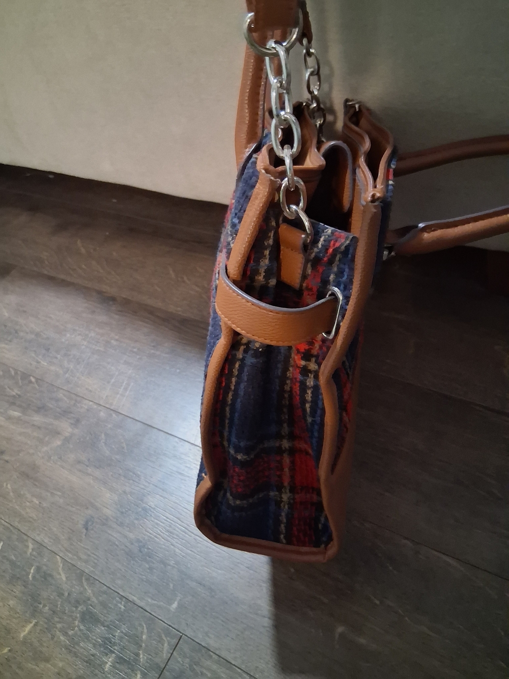Plaid Tote Bag Tan Trim Crossbody Purse Business Office Everyday - Picture 3 of 7
